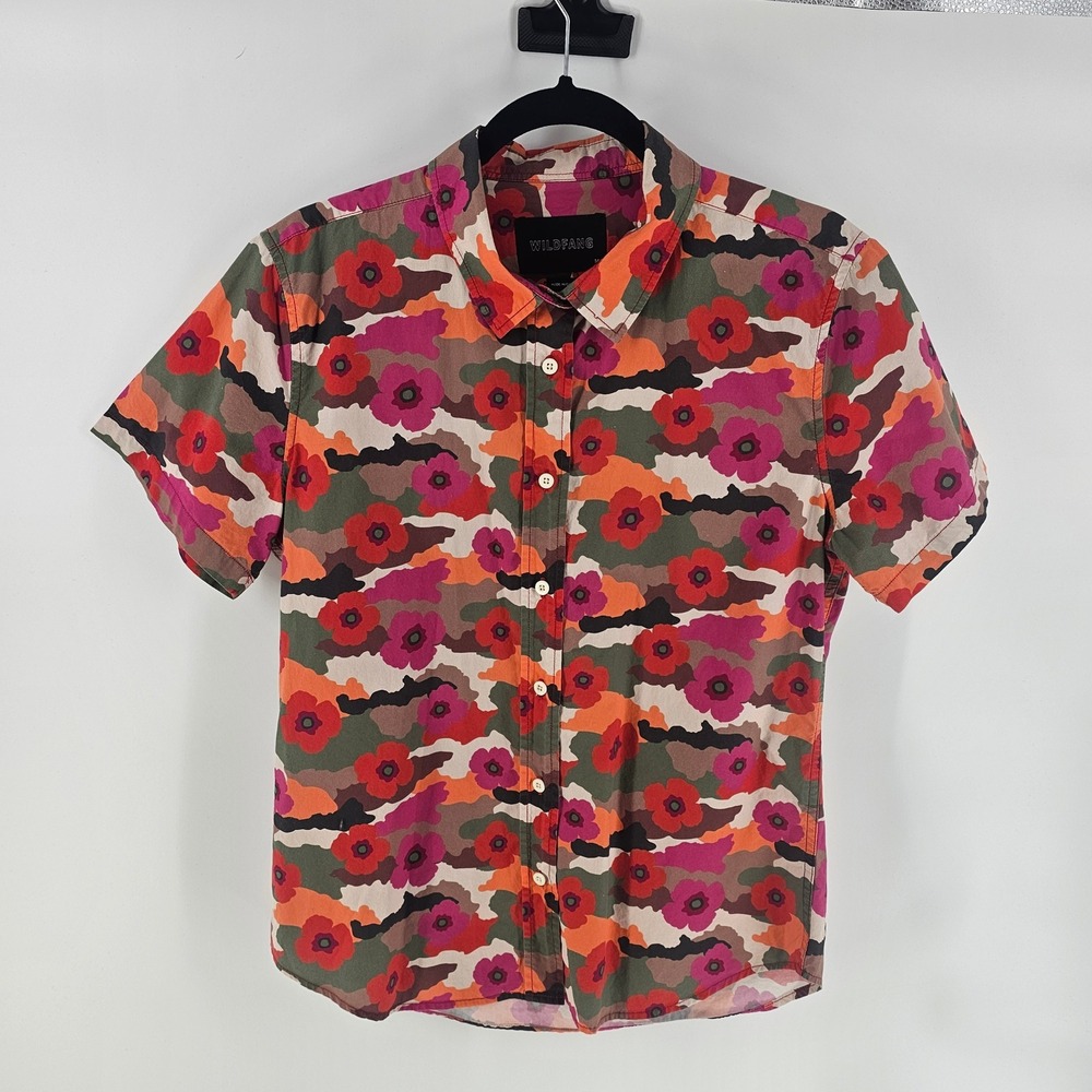Wildfang Womens M Button Down Shirt Multicolor Floral Camo Short Sleeve Eclectic